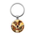 Detailed view of dog illustration glass pendant keychain with colorful house background - Cartoon Dog with Warm Tone House Background (JY9602-11)