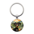 Detailed view of silver dog keychain pendant with colorful sunset landscape illustration - Black and Brown Puppy with Sunset Mountain (JY9602-10)