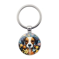 Detail of artistic dog illustration keychain with colorful floral accents on white background - Cartoon Dog Surrounded by Floral Wreath (JY9602-7)