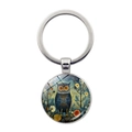 Artistic owl time gem keychain with silver metal ring and colorful forest illustration - Forest Theme Owl (JY9604-11)
