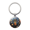 Detailed view of silver owl keychain with artistic glass pendant and colorful floral design - Vibrant Floral Owl (JY9604-7)