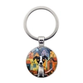 Artistic abstract dog keychain with colorful glass dome pendant and silver metal ring - Black and White Patterned Dog Illustration (JY9602-2)