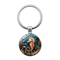 Marine seahorse time gem keychain with polished metal ring and vibrant glass pendant - Seahorse Pattern (JY9606-12)