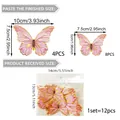 Size guide for 12pcs pink and gold 3D butterfly wall stickers with detailed dimensions - Pink Gold Edged 3D Style (PY7052)