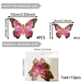 Detailed sizing guide for 12pcs pink and gold 3D butterfly wall stickers with dimensions - Pink Purple Gradient Gold Edged Style (PY7053)