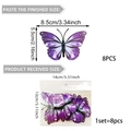 Size guide for 3D purple butterfly stickers showing dimensions in cm and inches - Purple Gradient Simulation Style (PY7055)