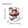 Detailed view of 30x30cm 3D Easter bunny wall sticker dimensions and cartoon design - 3D Red Hat Denim Overalls Bunny (MS3319-YL)