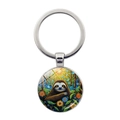 Detail of sloth cartoon art pendant on silver keychain with glass cabochon finish - Sunlight Forest Sloth Style (JY9611-12)