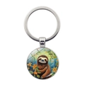 Close-up of silver metal keychain with cartoon sloth illustration under glass dome - Tropical Colorful Sloth Style (JY9611-11)