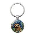 Detail of metal keychain with glass cabochon featuring a cute sloth and starry night - Starry Orange Flower Sloth Style (JY9611-9)
