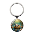 Detailed close-up of a silver keychain featuring a cute sloth illustration in a glass cabochon - Flower Boat Sloth Style (JY9611-8)