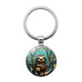 Detail of silver keyring featuring a round glass pendant with a cute sloth illustration - Forest Colorful Flower Sloth Style (JY9611-6)