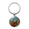 Round silver keychain with cartoon sloth moon art glass pendant charm for accessories - Starry Night Moon Sloth Style (JY9611-1)