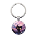 Dettaglio portachiavi gatto dei cartoni con ciondolo in vetro cielo stellato e anello argento - Stile Gatto Nero Occhi Gialli Cielo Rosa Viola (JY9619-12)