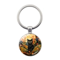 Llavero redondo de metal con un gato negro en un jardín de flores coloridas estilo artístico - Estilo Gato Negro En Flores (JY9600-2)