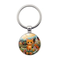 Llavero colgante de gato naranja artístico con ilustración floral colorida - Estilo Gato Naranja Y Edificio (JY9600-4)