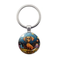 Handcrafted artistic dog keychain with a colorful glass cabochon pendant and ring - Yellow Spotted Dog Under Starry Sky (JY9602-3)