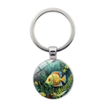 Llavero redondo de metal plateado con colgante de cristal de peces tropicales - Jy9606-2