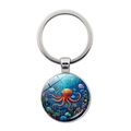 Silver keychain with glass dome pendant featuring an orange octopus ocean design - Octopus Pattern (JY9606-5)