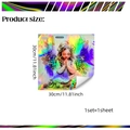 Holographic gradient wall sticker featuring a praying girl with colorful feather wings - Praying Little Angel Style (LS13524-KN) / 30x30cm