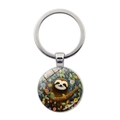 Cartoon sloth glass cabochon keychain pendant with vibrant floral illustration - Waving Warm Sloth Style (JY9611-3)