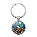 Artistic cartoon sloth time gem keychain featuring floral night sky and moon design - Deep Blue Starry Sky Sloth Style (JY9611-4)