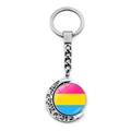 Silver moon-shaped spinning keychain featuring pink yellow and blue pride stripes - Pansexual Pride Flag (Pink Yellow Blue)