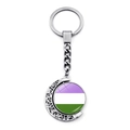 Genderqueer flag spinning crescent moon keychain in silver finish zinc alloy - Genderqueer Pride Flag (Purple White Green)