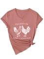 Close-up of V-neck t-shirt with fluent in fowl language print and knotted hem detail - S / Rose Gold (White Print)