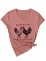 Detail of V-neck cotton t-shirt featuring poultry graphics and funny fowl language quote - S / Rose Gold (Black Print)