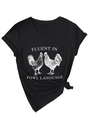 Detail of V-neck black cotton t-shirt featuring fluent in fowl language rooster graphic - S / Black (White Print)