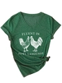Detail of V-neck dark green t-shirt with rooster print and stylish front knot hem - S / Vintage Green (White Print)