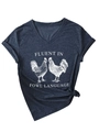 Detail of grey V-neck t-shirt with Fowl Language print and side knot design - S / Navy (White Print)
