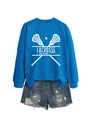 Flat lay of royal blue Lacrosse Mom sweatshirt paired with distressed denim shorts - S / Lake Blue (White Font)