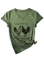 Detail of moss green V-neck T-shirt with fowl language print and stylish hem knot - S / Olive Green (Black Print)
