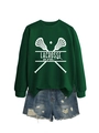 Detail of dark green Lacrosse Mom sweatshirt with white printed graphic and frayed denim - S / Dark Green (White Font)