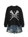 Detail of black Lacrosse Mom long sleeve sweatshirt paired with distressed denim shorts - S / Black (White Font)