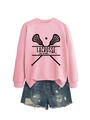 Detail of pink cotton long sleeve sweatshirt with Lacrosse Mom print and frayed denim shorts - S / Pink (Black Text)