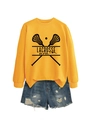 Detail of Lacrosse Mom yellow sweatshirt with distressed denim shorts and frayed hems - S / Yellow (Black Font)