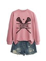 Pink Lacrosse Mom sweatshirt with cross-stick graphic paired with distressed denim shorts - S / Rose Gold (Black Font)