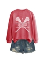 Red long sleeve Lacrosse Mom sweatshirt and ripped denim shorts set on white background - S / Red (White Font)