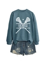 Flat lay of a denim blue Lacrosse Mom sweatshirt and distressed denim shorts on white - S / Blue (White Font)