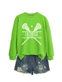 Close-up of bright neon green Lacrosse Mom sweatshirt paired with denim shorts - S / Neon Green (White Font)