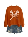 Flat lay of an orange Lacrosse Mom sweatshirt and blue distressed denim shorts on white - S / Burnt Orange (White Font)