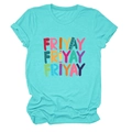 Close-up of FRIYAY print with pencil and ruler icons on green crew neck cotton t-shirt - S / Deep Water Blue