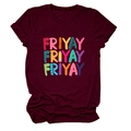 Detail of colorful Friyay letter print with pencil and ruler design on maroon T-shirt - S / Burgundy