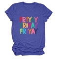 Detail of colorful FRIYAY stationery print on grey crew neck short sleeve T-shirt - S / Vintage Blue