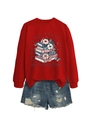 Détail du sweat-shirt rouge avec imprimé floral de livres et short en jean effiloché - S / Rouge