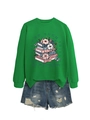 Détail de l'imprimé fleurs et livres du sweat vert avec le short en jean assorti - S / Vert Herbe