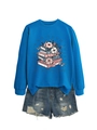 Détail d'un sweat bleu royal avec un imprimé graphique de livres empilés et de fleurs - S / Bleu Lac